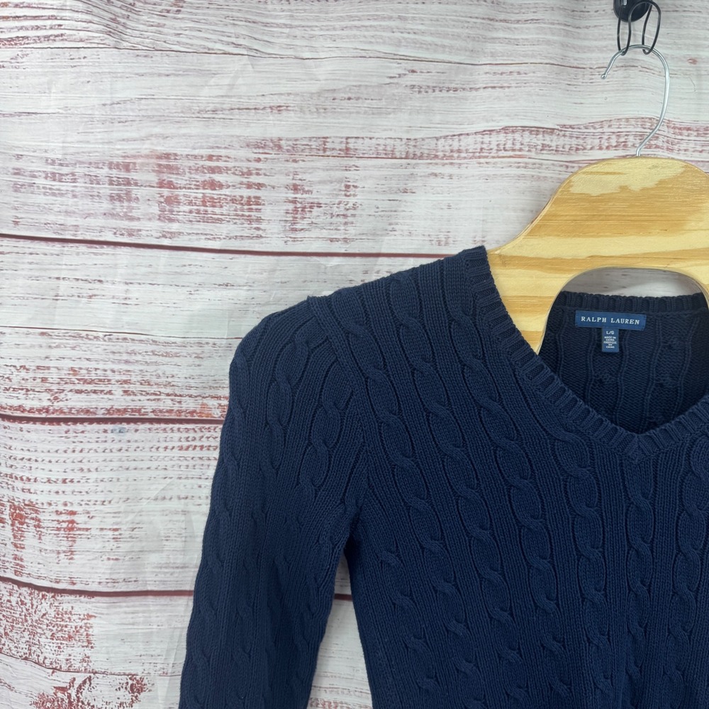 Ralph Lauren Sweater Womens Large Navy Blue Cable Knit V-Neck Casual Preppy - Picture 6 of 11